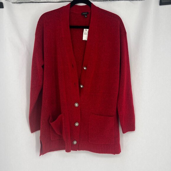 Talbots Red Alpaca Wool Blend Jeweled Buttons Cardigan Sweater Pockets - Picture 3 of 12